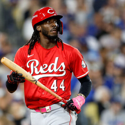 LOS ANGELES, CALIFORNIA - SEPTEMBER 30: Elly De La Cruz #44 of the Cincinnati Reds reacts after a strike out against the Los Angeles Dodgers during the fifth inning in game one of the National League Wild Card Series at Dodger Stadium on September 30, 2025 in Los Angeles, California. (Photo by Ronald Martinez/Getty Images)