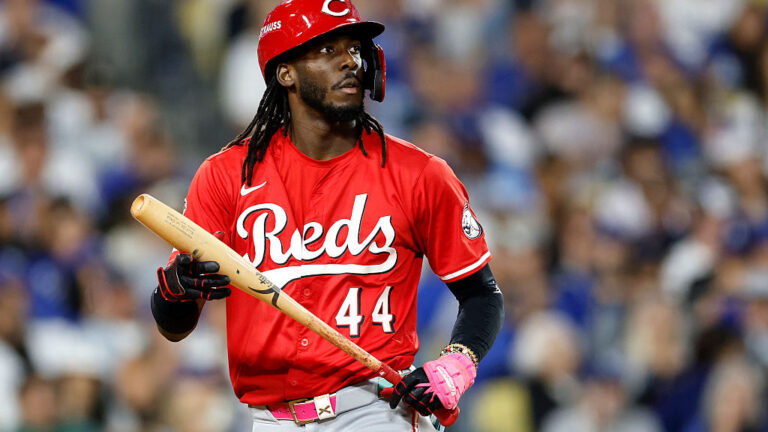 LOS ANGELES, CALIFORNIA - SEPTEMBER 30: Elly De La Cruz #44 of the Cincinnati Reds reacts after a strike out against the Los Angeles Dodgers during the fifth inning in game one of the National League Wild Card Series at Dodger Stadium on September 30, 2025 in Los Angeles, California. (Photo by Ronald Martinez/Getty Images)