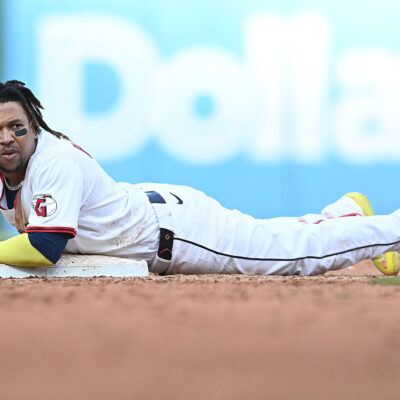 CLEVELAND, OHIO - OCTOBER 02: José Ramírez #11 of the Cleveland Guardians reacts after being tagged out during the eighth inning against the Detroit Tigers in game three of the American League Wild Card Series at Progressive Field on October 02, 2025 in Cleveland, Ohio. (Photo by Nick Cammett/Getty Images)