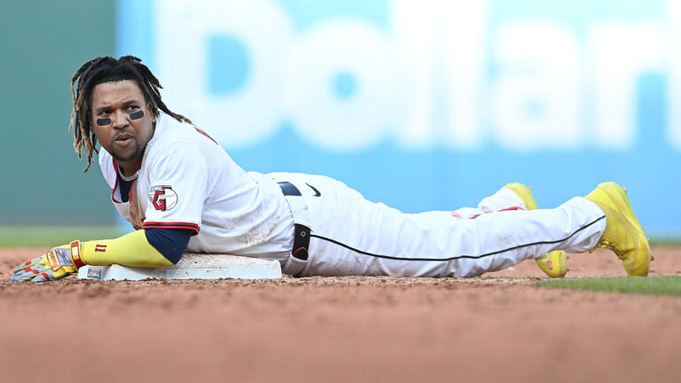 CLEVELAND, OHIO - OCTOBER 02: José Ramírez #11 of the Cleveland Guardians reacts after being tagged out during the eighth inning against the Detroit Tigers in game three of the American League Wild Card Series at Progressive Field on October 02, 2025 in Cleveland, Ohio. (Photo by Nick Cammett/Getty Images)