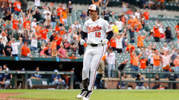 BALTIMORE, MD - SEPTEMBER 25: Dylan Beavers #12 of the Baltimore Orioles reacts after hitting solo home run in the ninth inning during the game between the Tampa Bay Rays and the Baltimore Orioles at Oriole Park at Camden Yards on Thursday, September 25, 2025 in Baltimore, Maryland. (Photo by Alyssa Howell/MLB Photos via Getty Images)