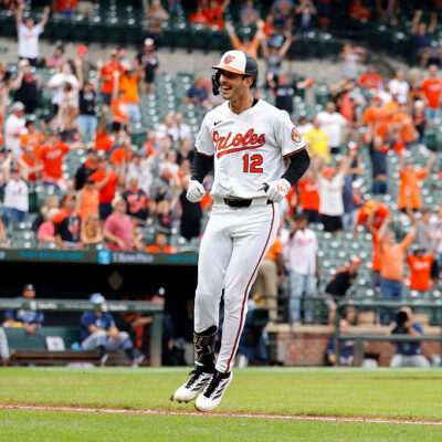 BALTIMORE, MD - SEPTEMBER 25: Dylan Beavers #12 of the Baltimore Orioles reacts after hitting solo home run in the ninth inning during the game between the Tampa Bay Rays and the Baltimore Orioles at Oriole Park at Camden Yards on Thursday, September 25, 2025 in Baltimore, Maryland. (Photo by Alyssa Howell/MLB Photos via Getty Images)