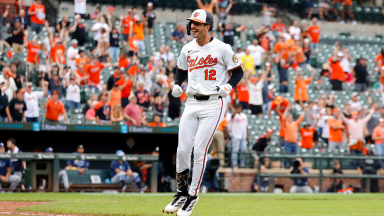 BALTIMORE, MD - SEPTEMBER 25: Dylan Beavers #12 of the Baltimore Orioles reacts after hitting solo home run in the ninth inning during the game between the Tampa Bay Rays and the Baltimore Orioles at Oriole Park at Camden Yards on Thursday, September 25, 2025 in Baltimore, Maryland. (Photo by Alyssa Howell/MLB Photos via Getty Images)