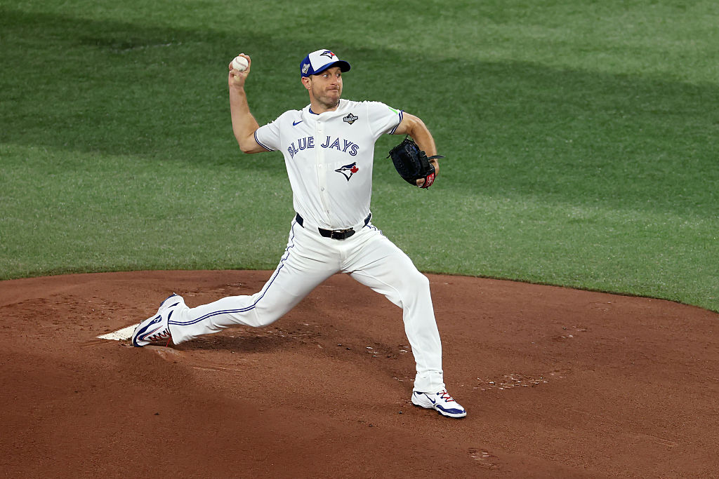 TORONTO, ONTARIO - NOVEMBER 01: Max Scherzer #31 of the Toronto Blue Jays throws the first pitch against the Los Angeles Dodgers during the first inning in game seven of the 2025 World Series at Rogers Center on November 01, 2025 in Toronto, Ontario. (Photo by Patrick Smith/Getty Images)