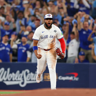 TORONTO, ONTARIO - NOVEMBER 01: Vladimir Guerrero Jr. #27 of the Toronto Blue Jays reacts after catching a line drive to end the top of the fourth inning against the Los Angeles Dodgers in game seven of the 2025 World Series at Rogers Center on November 01, 2025 in Toronto, Ontario. (Photo by Gregory Shamus/Getty Images)