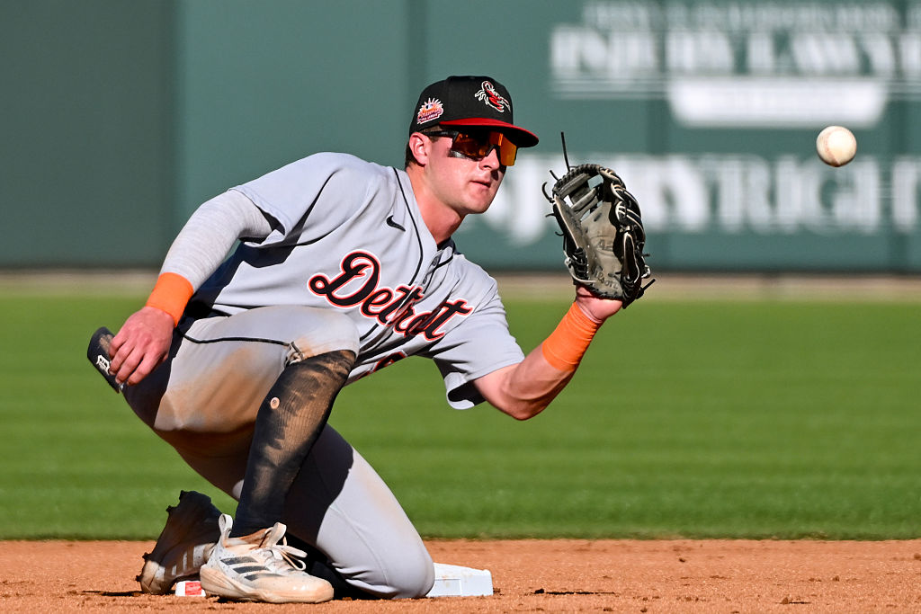 MESA, AZ - NOVEMBER 04: Kevin McGonigle #9 of the Scottsdale Scorpions catches the ball during the game between the Scottsdale Scorpions and the Mesa Solar Sox at Sloan Park on Tuesday, November 4, 2025 in Mesa, Arizona. (Photo by Norm Hall/MLB Photos via Getty Images)