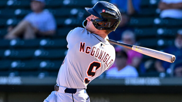MESA, AZ - NOVEMBER 04: Kevin McGonigle #9 of the Scottsdale Scorpions hits a solo home run in the first inning of the game between the Scottsdale Scorpions and the Mesa Solar Sox at Sloan Park on Tuesday, November 4, 2025 in Mesa, Arizona. (Photo by Norm Hall/MLB Photos via Getty Images)