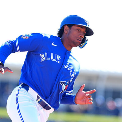 DUNEDIN, FL - FEBRUARY 24: Toronto Blue Jays infielder Arjun Nimmala (18) rounds third base heading to home against the New York Yankees on February 24, 2026, at TD Ballpark in Dunedin, Florida. (Photo by Brian Spurlock/Icon Sportswire via Getty Images)