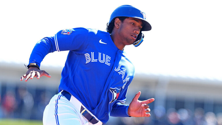 DUNEDIN, FL - FEBRUARY 24: Toronto Blue Jays infielder Arjun Nimmala (18) rounds third base heading to home against the New York Yankees on February 24, 2026, at TD Ballpark in Dunedin, Florida. (Photo by Brian Spurlock/Icon Sportswire via Getty Images)