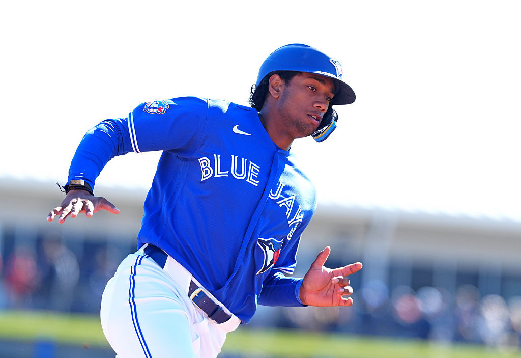 DUNEDIN, FL - FEBRUARY 24: Toronto Blue Jays infielder Arjun Nimmala (18) rounds third base heading to home against the New York Yankees on February 24, 2026, at TD Ballpark in Dunedin, Florida. (Photo by Brian Spurlock/Icon Sportswire via Getty Images)