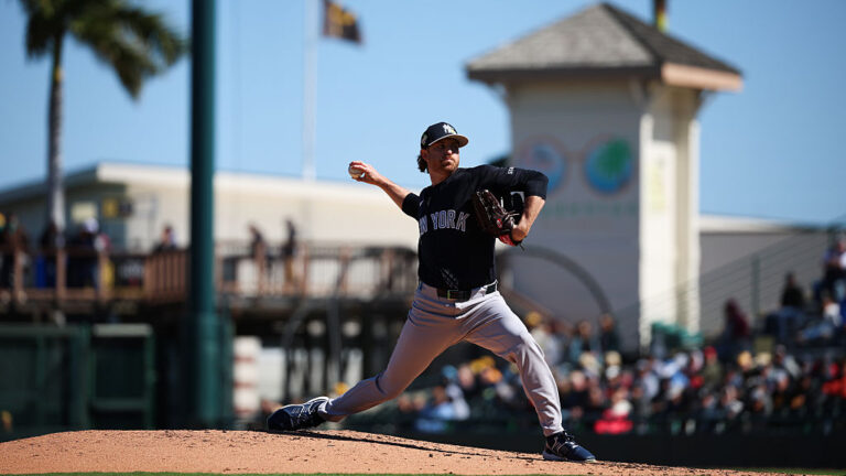 BRADENTON, FL - FEBRUARY 23: Paul Blackburn #58 of the New York Yankees pitches during the spring training game against the Pittsburgh Pirates at LECOM Park on February 23, 2026 in Bradenton, Florida. (Photo by New York Yankees/Getty Images)