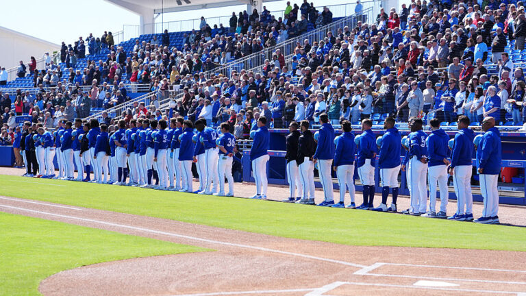 DUNEDIN, FL - FEBRUARY 24: Toronto Blue Jays line up for the playing of the National Anthem before the game against the New York Yankees on February 24, 2026, at TD Ballpark in Dunedin, Florida. (Photo by Brian Spurlock/Icon Sportswire via Getty Images)