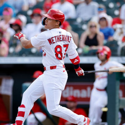 JUPITER, FL - MARCH 01: St. Louis Cardinals shortstop JJ Wetherholt (87) bats during an MLB Spring Training baseball game against the Washington Nationals on March 01, 2025 at Roger Dean Chevrolet Stadium in Jupiter, Florida. (Photo by Joe Robbins/Icon Sportswire via Getty Images)