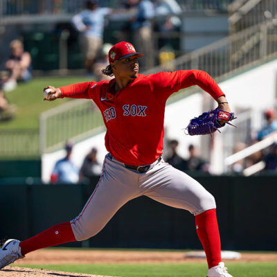 FORT MYERS, FL - FEBRUARY 25: Johan Oviedo #29 of the Boston Red Sox pitches during the game between the Boston Red Sox and the Minnesota Twins at Lee Health Sports Complex on Wednesday, February 25, 2026 in Fort Myers, Florida. (Photo by Natalie Reid/MLB Photos via Getty Images)