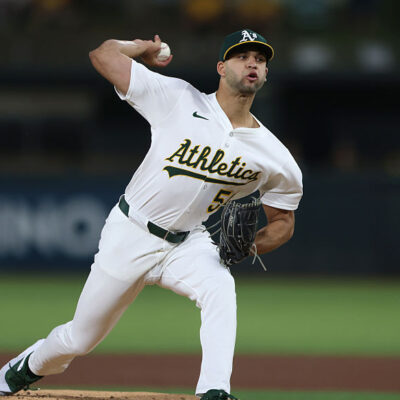 SACRAMENTO, CALIFORNIA - SEPTEMBER 27: Luis Morales #58 of the Athletics pitches against the Kansas City Royals during the top of the first inning at Sutter Health Park on September 27, 2025 in Sacramento, California. (Photo by Scott Marshall/Getty Images)