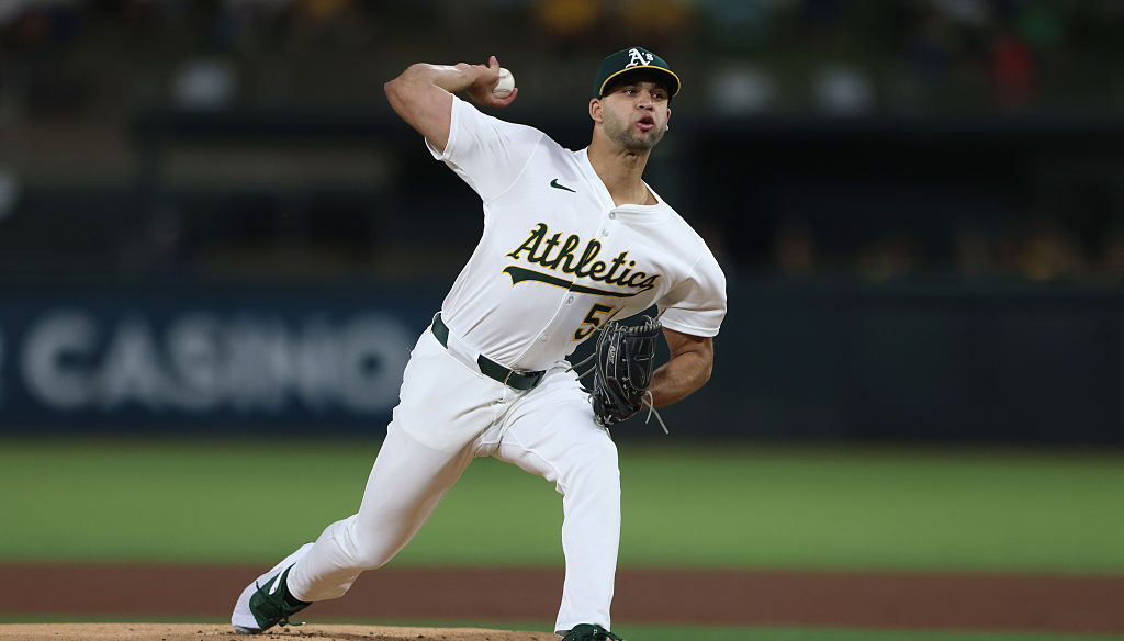 SACRAMENTO, CALIFORNIA - SEPTEMBER 27: Luis Morales #58 of the Athletics pitches against the Kansas City Royals during the top of the first inning at Sutter Health Park on September 27, 2025 in Sacramento, California. (Photo by Scott Marshall/Getty Images)