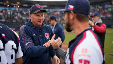 ROTTERDAM, NETHERLANDS - SEPTEMBER 27: Manager Pavel Chadim #13 of Czech Republic shakes hands with a player after his team defeat spain to win the 3-4 place ranking game between Spain and Czech Republic in the Baseball European Championship at Neptunus Familiestadion on September 27, 2025 in Rotterdam, Netherlands. (Photo by Alex Bierens de Haan/Getty Images)