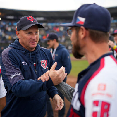 ROTTERDAM, NETHERLANDS - SEPTEMBER 27: Manager Pavel Chadim #13 of Czech Republic shakes hands with a player after his team defeat spain to win the 3-4 place ranking game between Spain and Czech Republic in the Baseball European Championship at Neptunus Familiestadion on September 27, 2025 in Rotterdam, Netherlands. (Photo by Alex Bierens de Haan/Getty Images)