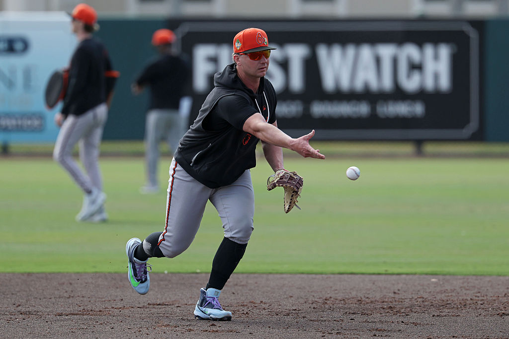 SARASOTA, FLORIDA - FEBRUARY 16: Pete Alonso #25 of the Baltimore Orioles throws the ball during practice at Ed Smith Stadium on February 16, 2026 in Sarasota, Florida. (Photo by Todd Olszewski/Baltimore Orioles/Getty Images)