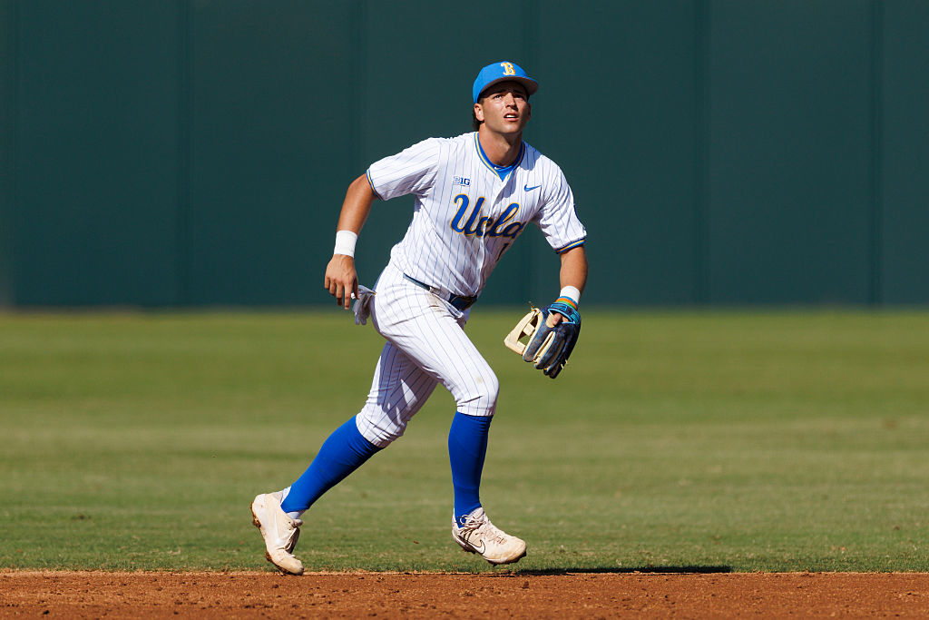 LOS ANGELES, CALIFORNIA - NOVEMBER 1: Roch Cholowsky #1 of UCLA Bruins runs during the game against UC Irvine Anteaters at Jackie Robinson Stadium on November 1, 2025 in Los Angeles, California. (Photo by Ric Tapia/Getty Images)