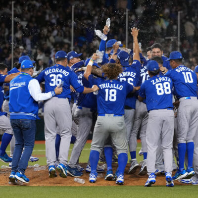 TAIPEI, TAIWAN - FEBRUARY 23: Nicaragua players celebrate as they qualified for the 2026 World Baseball Classic following the team's 6-0 victory in the World Baseball Classic Qualifier between Nicaragua and Chinese Taipei at Taipei Dome on February 23, 2025 in Taipei, Taiwan. (Photo by Gene Wang/Getty Images)