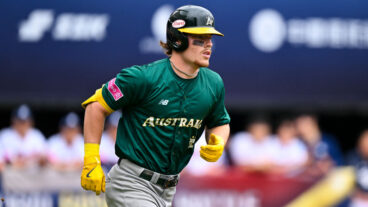 TAIPEI, TAIWAN - NOVEMBER 18: Travis Bazzana #4 of Team Australia reacts after hitting in the top of the first inning during the WBSC Premier12 Opening Round Group B game between Australia and South Korea at Taipei Tianmu Baseball Stadium on November 18, 2024 in Taipei, Taiwan. (Photo by Gene Wang/Getty Images)