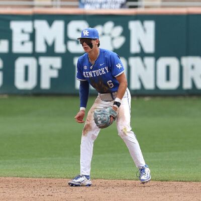 CLEMSON, SC - JUNE 01: Kentucky Wildcats infielder Tyler Bell (6) during a NCAA Division 1 college regional baseball playoff game between the Kentucky Wildcats and the Clemson Tigers on June 1, 2025 at Doug Kingsmore Stadium in Clemson, S.C. (Photo by John Byrum/Icon Sportswire via Getty Images)