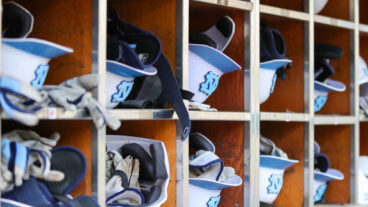 CHARLOTTE, NC - APRIL 06: North Carolina Tar Heels helmets in the dugout during a baseball game between the North Carolina Tar Heels and the South Carolina Gamecocks on April 6, 2022 at Truist Field in Charlotte, NC. (Photo by David Jensen/Icon Sportswire via Getty Images)