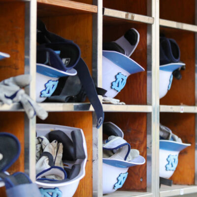 CHARLOTTE, NC - APRIL 06: North Carolina Tar Heels helmets in the dugout during a baseball game between the North Carolina Tar Heels and the South Carolina Gamecocks on April 6, 2022 at Truist Field in Charlotte, NC. (Photo by David Jensen/Icon Sportswire via Getty Images)