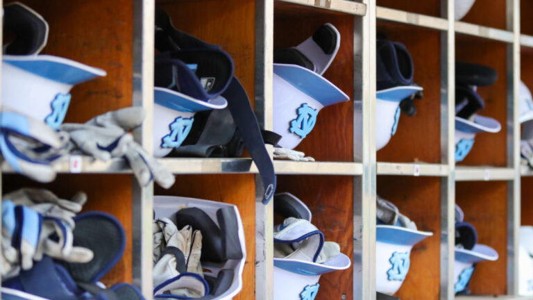 CHARLOTTE, NC - APRIL 06: North Carolina Tar Heels helmets in the dugout during a baseball game between the North Carolina Tar Heels and the South Carolina Gamecocks on April 6, 2022 at Truist Field in Charlotte, NC. (Photo by David Jensen/Icon Sportswire via Getty Images)