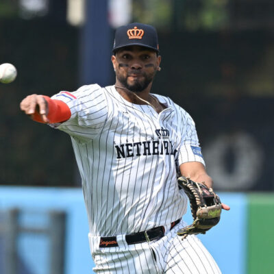 TAICHUNG, TAIWAN - MARCH 08: Xander Bogaerts #2 of Team Netherlands throws at the top of the 5th inning during the World Baseball Classic Pool A game between Cuba and Netherlands at Taichung Intercontinental Baseball Stadium on March 08, 2023 in Taichung, Taiwan. (Photo by Gene Wang/Getty Images)
