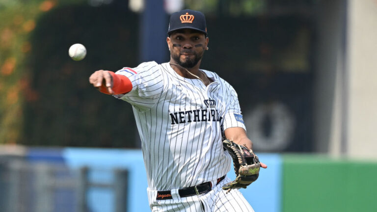 TAICHUNG, TAIWAN - MARCH 08: Xander Bogaerts #2 of Team Netherlands throws at the top of the 5th inning during the World Baseball Classic Pool A game between Cuba and Netherlands at Taichung Intercontinental Baseball Stadium on March 08, 2023 in Taichung, Taiwan. (Photo by Gene Wang/Getty Images)