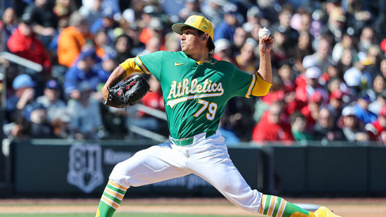 LAS VEGAS, NEVADA - MARCH 07: Gage Jump #79 of the Athletics throws a pitch against the Los Angeles Angels in the first inning of a spring training game at Las Vegas Ballpark on March 07, 2026 in Las Vegas, Nevada. The Angels defeated the Athletics 3-0. (Photo by Ethan Miller/Getty Images)