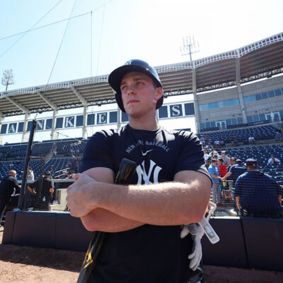 TAMPA, FL - FEBRUARY 15: Ben Rice #22 of the New York Yankees looks on during spring training at George M. Steinbrenner Field on February 15, 2026 in Tampa, Florida. (Photo by New York Yankees/Getty Images)