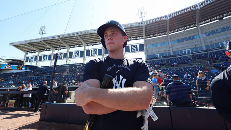 TAMPA, FL - FEBRUARY 15: Ben Rice #22 of the New York Yankees looks on during spring training at George M. Steinbrenner Field on February 15, 2026 in Tampa, Florida. (Photo by New York Yankees/Getty Images)