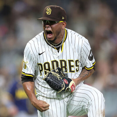 SAN DIEGO, CALIFORNIA - SEPTEMBER 22: Bradgley Rodriguez #72 of the San Diego Padres reacts after the third out during the eleventh inning of a game against the Milwaukee Brewers at Petco Park on September 22, 2025 in San Diego, California. (Photo by Sean M. Haffey/Getty Images)