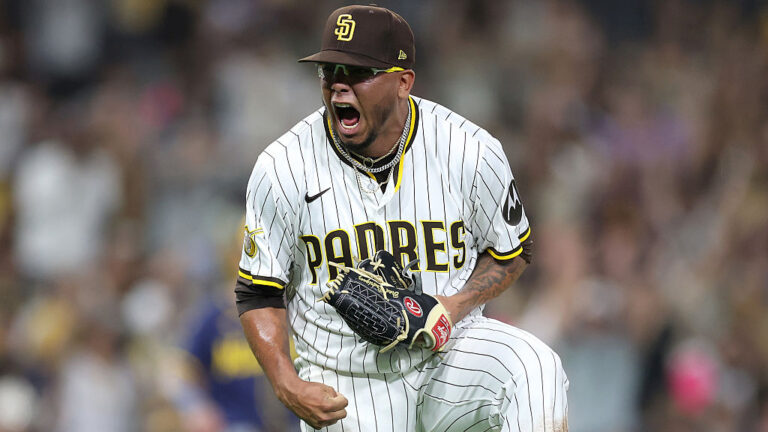 SAN DIEGO, CALIFORNIA - SEPTEMBER 22: Bradgley Rodriguez #72 of the San Diego Padres reacts after the third out during the eleventh inning of a game against the Milwaukee Brewers at Petco Park on September 22, 2025 in San Diego, California. (Photo by Sean M. Haffey/Getty Images)