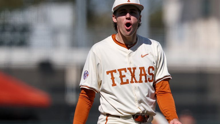 AUSTIN, TX - FEBRUARY 22: Pitcher Dylan Volantis #99 of the Texas Longhorns screams after striking out the last batter of an inning during the college baseball game between Texas Longhorns and Michigan State Spartans on February 22, 2026, at UFCU Disch-Falk Field in Austin, TX. (Photo by David Buono/Icon Sportswire via Getty Images)