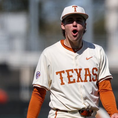 AUSTIN, TX - FEBRUARY 22: Pitcher Dylan Volantis #99 of the Texas Longhorns screams after striking out the last batter of an inning during the college baseball game between Texas Longhorns and Michigan State Spartans on February 22, 2026, at UFCU Disch-Falk Field in Austin, TX. (Photo by David Buono/Icon Sportswire via Getty Images)