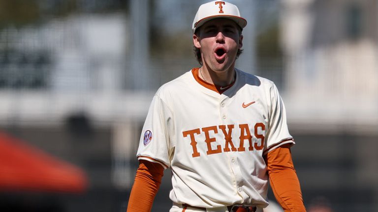AUSTIN, TX - FEBRUARY 22: Pitcher Dylan Volantis #99 of the Texas Longhorns screams after striking out the last batter of an inning during the college baseball game between Texas Longhorns and Michigan State Spartans on February 22, 2026, at UFCU Disch-Falk Field in Austin, TX. (Photo by David Buono/Icon Sportswire via Getty Images)