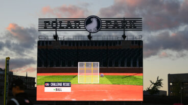 WORCESTER, MA - MAY 05: A view of a replay on the videoboard of an Automated Ball-Strike system challenge during a "challenge system" game during a AAA MiLB game between the Buffalo Bisons and the Worcester Red Sox on May 5, 2023, at Polar Park in Worcester, MA. (Photo by Erica Denhoff/Icon Sportswire via Getty Images)