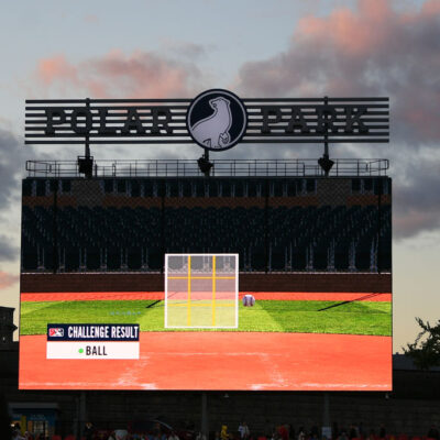 WORCESTER, MA - MAY 05: A view of a replay on the videoboard of an Automated Ball-Strike system challenge during a "challenge system" game during a AAA MiLB game between the Buffalo Bisons and the Worcester Red Sox on May 5, 2023, at Polar Park in Worcester, MA. (Photo by Erica Denhoff/Icon Sportswire via Getty Images)