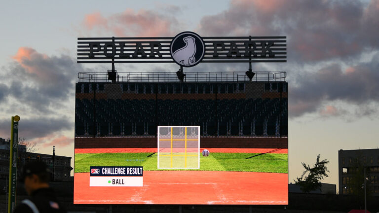 WORCESTER, MA - MAY 05: A view of a replay on the videoboard of an Automated Ball-Strike system challenge during a "challenge system" game during a AAA MiLB game between the Buffalo Bisons and the Worcester Red Sox on May 5, 2023, at Polar Park in Worcester, MA. (Photo by Erica Denhoff/Icon Sportswire via Getty Images)