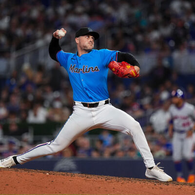 MIAMI, FLORIDA - SEPTEMBER 28: Calvin Faucher #53 of the Miami Marlins pitches in the game against the New York Mets at loanDepot park on September 28, 2025 in Miami, Florida. (Photo by Jasen Vinlove/Miami Marlins/Getty Images)