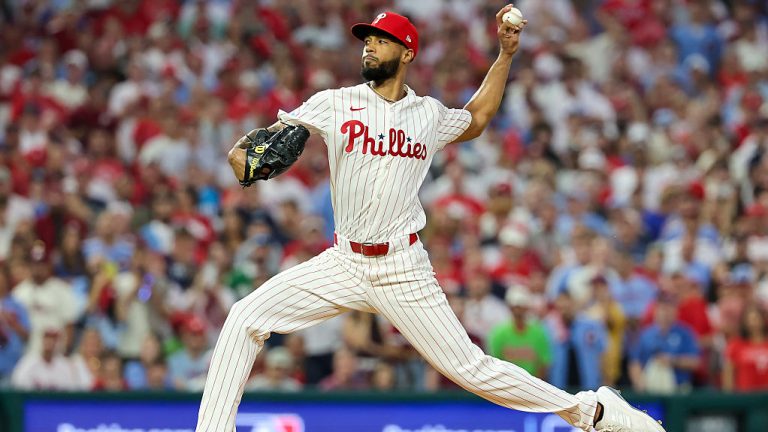 PHILADELPHIA, PENNSYLVANIA - OCTOBER 04: Cristopher Sanchez #61 of the Philadelphia Phillies pitches in the first inning against the Los Angeles Dodgers in game one of the Division Series at Citizens Bank Park on October 04, 2025 in Philadelphia, Pennsylvania. (Photo by Hunter Martin/Getty Images)