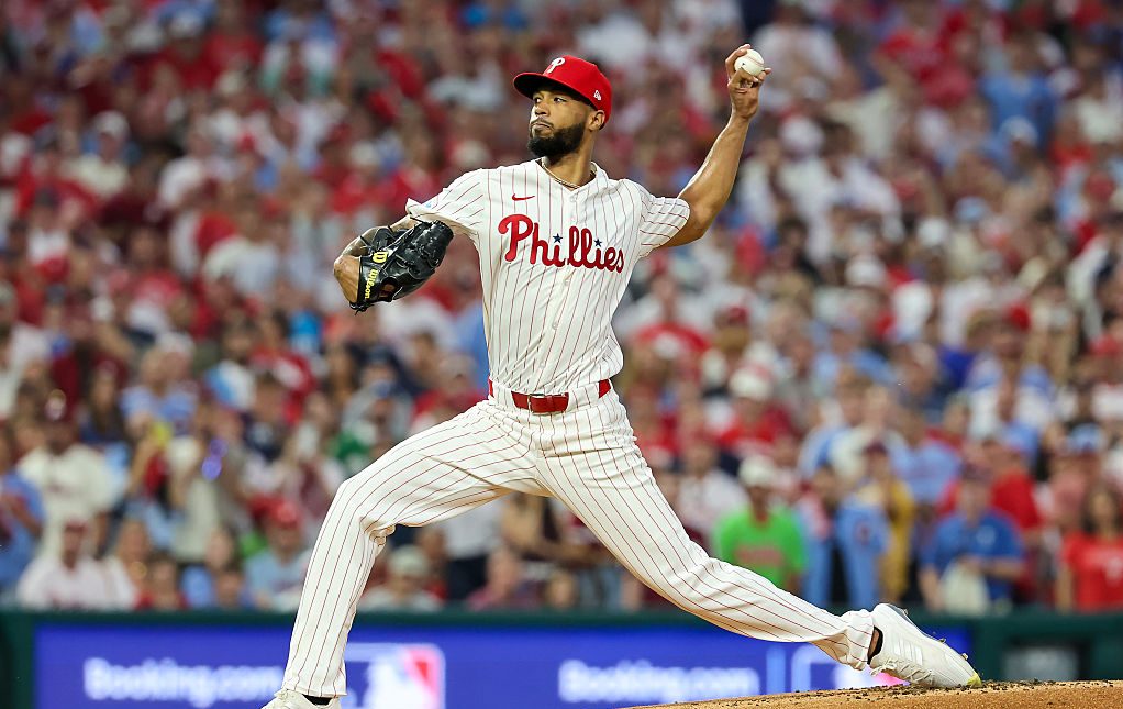 PHILADELPHIA, PENNSYLVANIA - OCTOBER 04: Cristopher Sanchez #61 of the Philadelphia Phillies pitches in the first inning against the Los Angeles Dodgers in game one of the Division Series at Citizens Bank Park on October 04, 2025 in Philadelphia, Pennsylvania. (Photo by Hunter Martin/Getty Images)