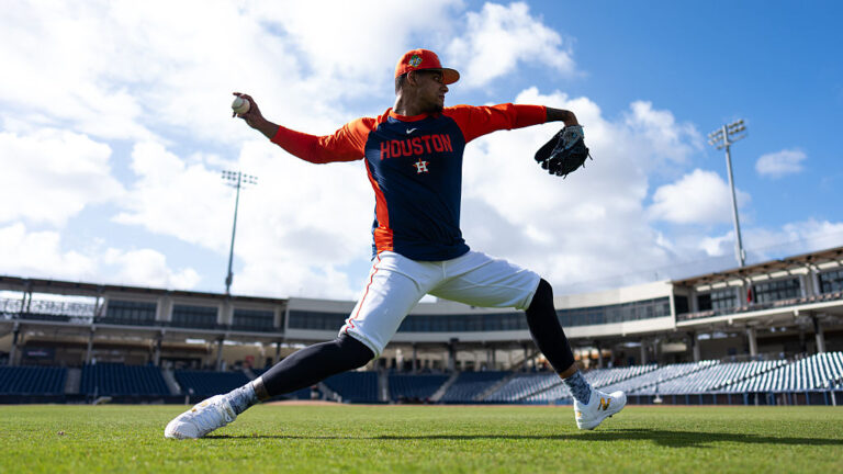WEST PALM BEACH, FLORIDA - FEBRUARY 17: Bryan Abreu #52 of the Houston Astros throws during spring training workouts at CACTI Park of the Palm Beaches on February 17, 2026 in West Palm Beach, Florida. (Photo by Houston Astros/Getty Images)