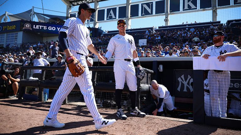 TAMPA, FL - FEBRUARY 21: Spencer Jones #78 and Aaron Judge #99 of the New York Yankees high five during the game against the Detroit Tigers at George M. Steinbrenner Field on February 21, 2026 in Tampa, Florida. (Photo by New York Yankees/Getty Images)