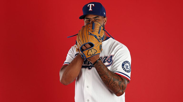 SURPRISE, ARIZONA - FEBRUARY 17: Jose Corniell #59 of the Texas Rangers poses for a portrait during photo day at Surprise Stadium on February 17, 2026 in Surprise, Arizona. (Photo by Stacy Revere/Getty Images)