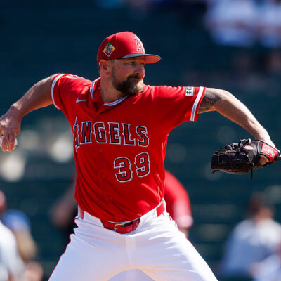 TEMPE, ARIZONA - FEBRUARY 24: Kirby Yates #39 of the Los Angeles Angels pitches during the spring training game against the San Francisco Giants at Tempe Diablo Stadium on February 24, 2026 in Tempe, Arizona. (Photo by Ric Tapia/Getty Images)
